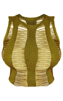 Hot PrettyLittleThing Shape Knit Ladder Racer Neck Longline Top Olive