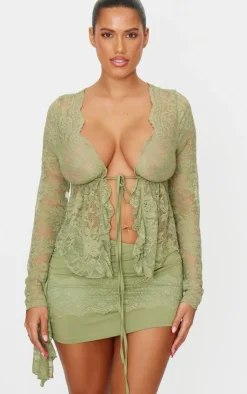 Outlet PrettyLittleThing Shape Lace Tie Split Front Long Sleeve Top Olive