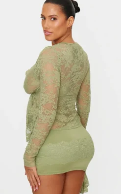 Outlet PrettyLittleThing Shape Lace Tie Split Front Long Sleeve Top Olive