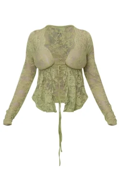 Outlet PrettyLittleThing Shape Lace Tie Split Front Long Sleeve Top Olive