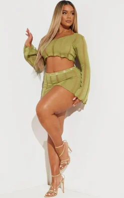 Hot PrettyLittleThing Shape Ladder Knit Micro Mini Skirt Olive