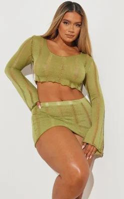 Hot PrettyLittleThing Shape Ladder Knit Micro Mini Skirt Olive