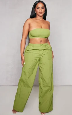 Hot PrettyLittleThing Shape Lightweight Parachute Wide Leg Pants Olive