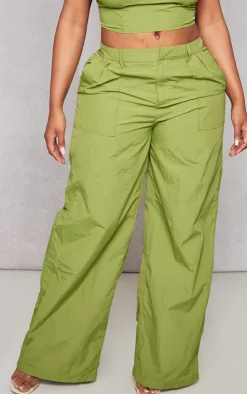 Hot PrettyLittleThing Shape Lightweight Parachute Wide Leg Pants Olive