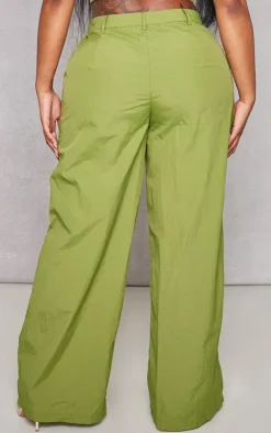 Hot PrettyLittleThing Shape Lightweight Parachute Wide Leg Pants Olive