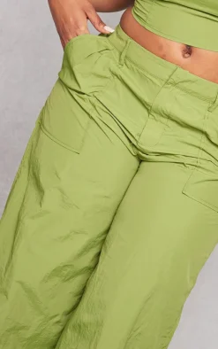 Hot PrettyLittleThing Shape Lightweight Parachute Wide Leg Pants Olive
