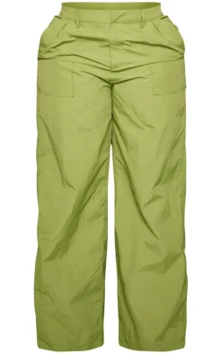 Hot PrettyLittleThing Shape Lightweight Parachute Wide Leg Pants Olive