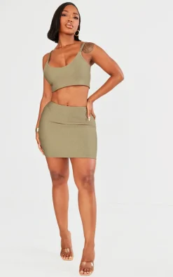 New PrettyLittleThing Shape Low Rise Ribbed Mini Skirt Olive