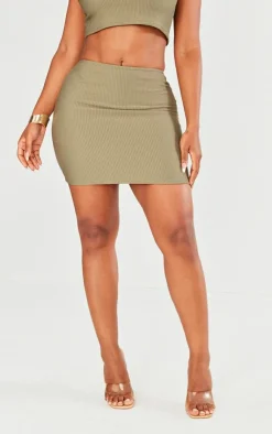 New PrettyLittleThing Shape Low Rise Ribbed Mini Skirt Olive