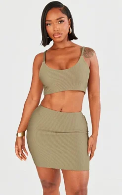 New PrettyLittleThing Shape Low Rise Ribbed Mini Skirt Olive