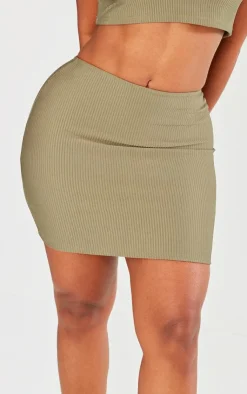 New PrettyLittleThing Shape Low Rise Ribbed Mini Skirt Olive