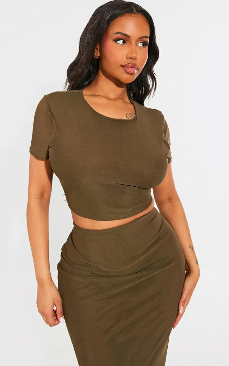 Best PrettyLittleThing Shape Mesh Cropped T-shirt Olive