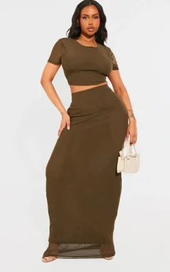 Best PrettyLittleThing Shape Mesh Cropped T-shirt Olive