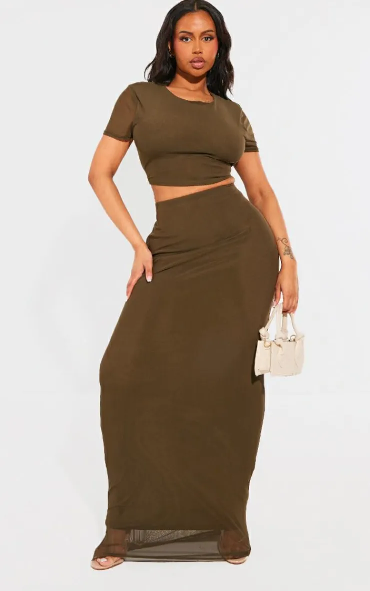 Best PrettyLittleThing Shape Mesh Cropped T-shirt Olive