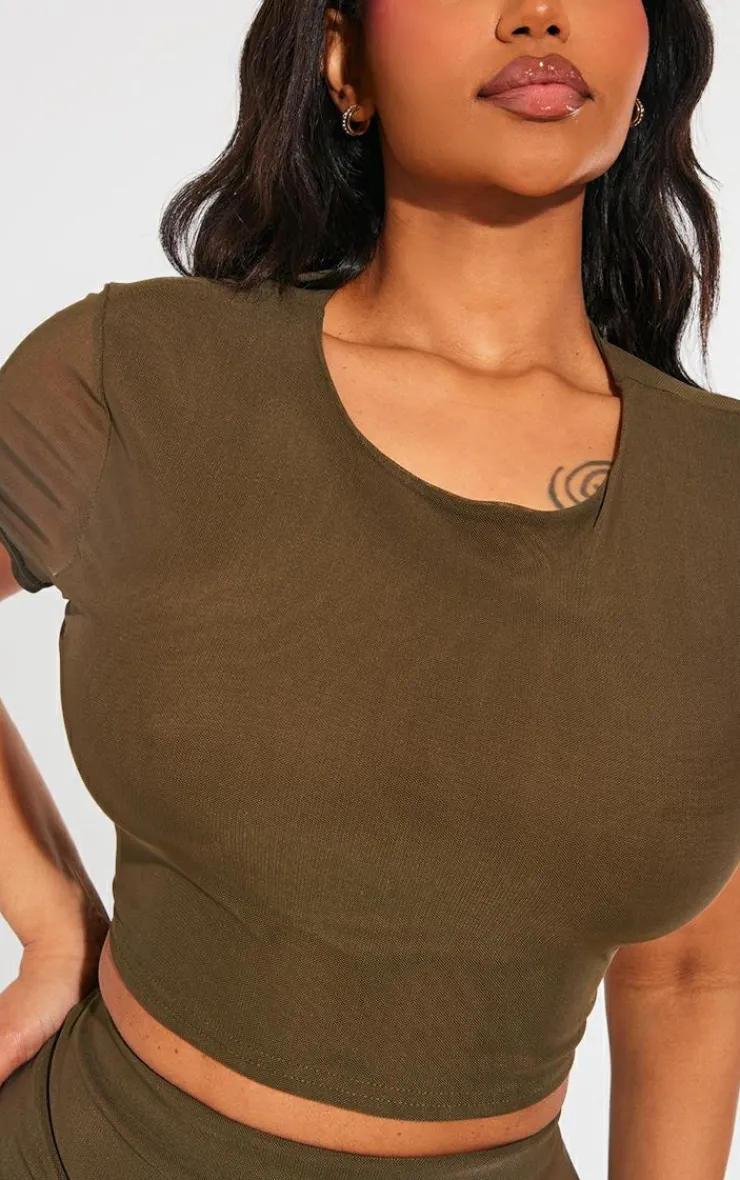 Best PrettyLittleThing Shape Mesh Cropped T-shirt Olive
