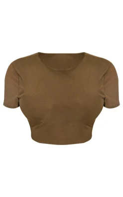 Best PrettyLittleThing Shape Mesh Cropped T-shirt Olive