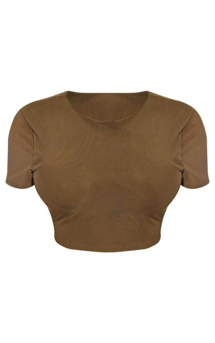 Best PrettyLittleThing Shape Mesh Cropped T-shirt Olive