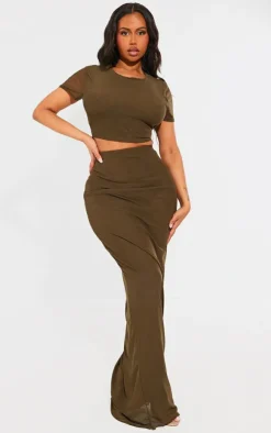 Online PrettyLittleThing Shape Mesh Printed Detail Maxi Skirt Olive