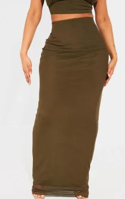 Online PrettyLittleThing Shape Mesh Printed Detail Maxi Skirt Olive