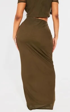 Online PrettyLittleThing Shape Mesh Printed Detail Maxi Skirt Olive
