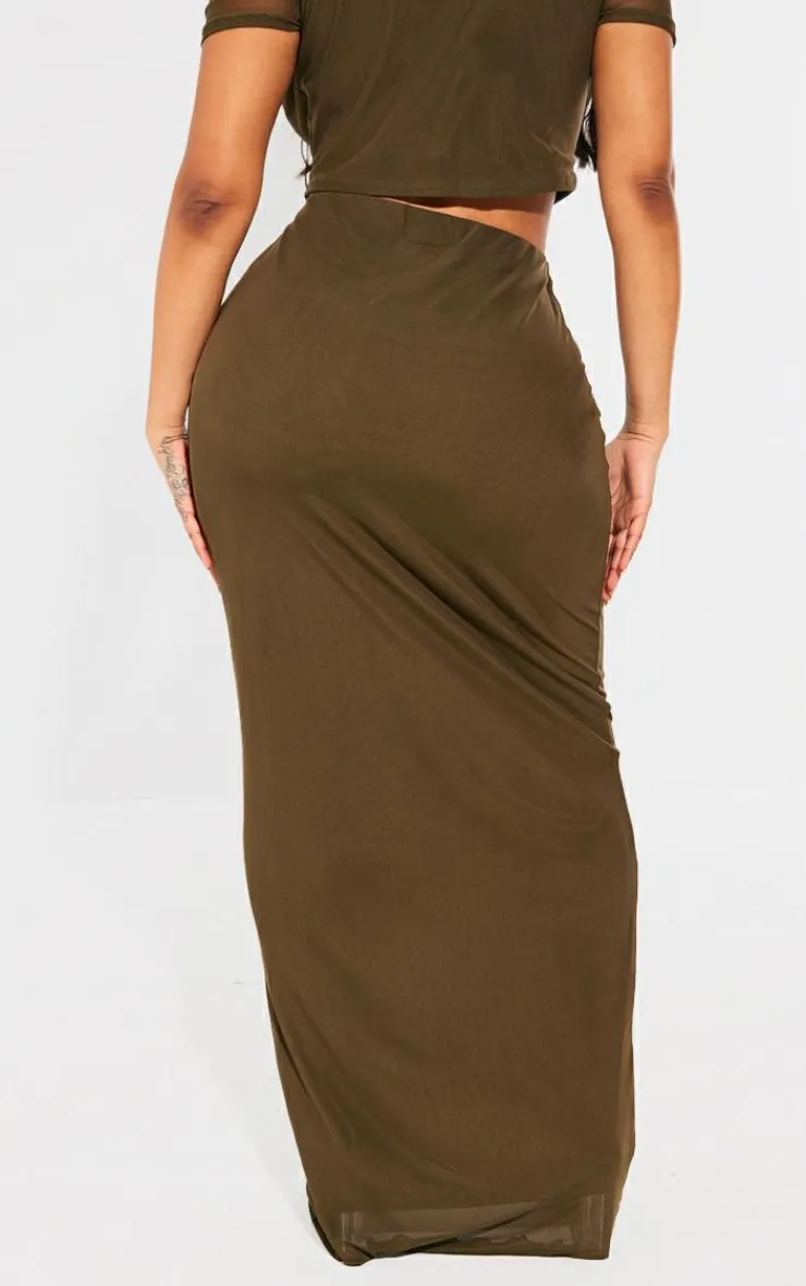 Online PrettyLittleThing Shape Mesh Printed Detail Maxi Skirt Olive