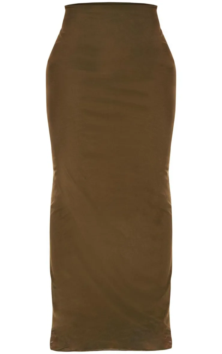 Online PrettyLittleThing Shape Mesh Printed Detail Maxi Skirt Olive