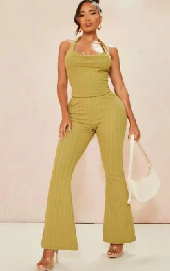 New PrettyLittleThing Shape Rib High Waist Flare Pants Olive