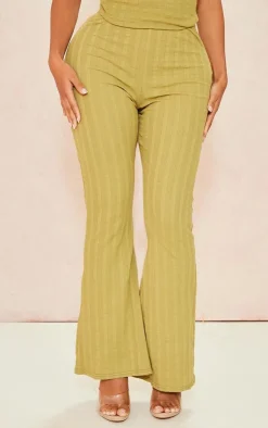 New PrettyLittleThing Shape Rib High Waist Flare Pants Olive