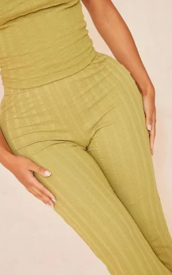New PrettyLittleThing Shape Rib High Waist Flare Pants Olive