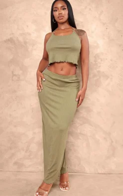 Sale PrettyLittleThing Shape Rib Lettuce Hem Maxi Skirt Olive