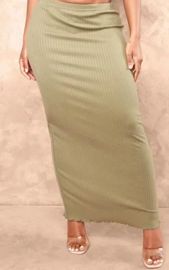 Sale PrettyLittleThing Shape Rib Lettuce Hem Maxi Skirt Olive