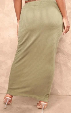 Sale PrettyLittleThing Shape Rib Lettuce Hem Maxi Skirt Olive