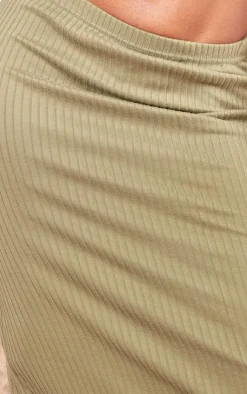Sale PrettyLittleThing Shape Rib Lettuce Hem Maxi Skirt Olive