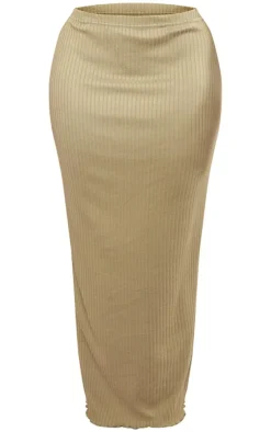 Sale PrettyLittleThing Shape Rib Lettuce Hem Maxi Skirt Olive