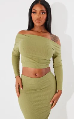 Hot PrettyLittleThing Shape Rib One Shoulder Crop Top Olive
