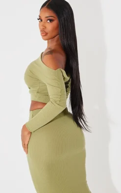 Hot PrettyLittleThing Shape Rib One Shoulder Crop Top Olive