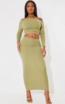 Hot PrettyLittleThing Shape Rib One Shoulder Crop Top Olive