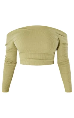 Hot PrettyLittleThing Shape Rib One Shoulder Crop Top Olive