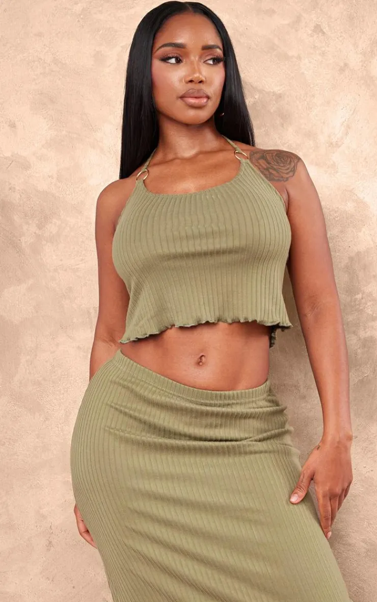 Online PrettyLittleThing Shape Rib Ring Detail Halterneck Crop Top Olive