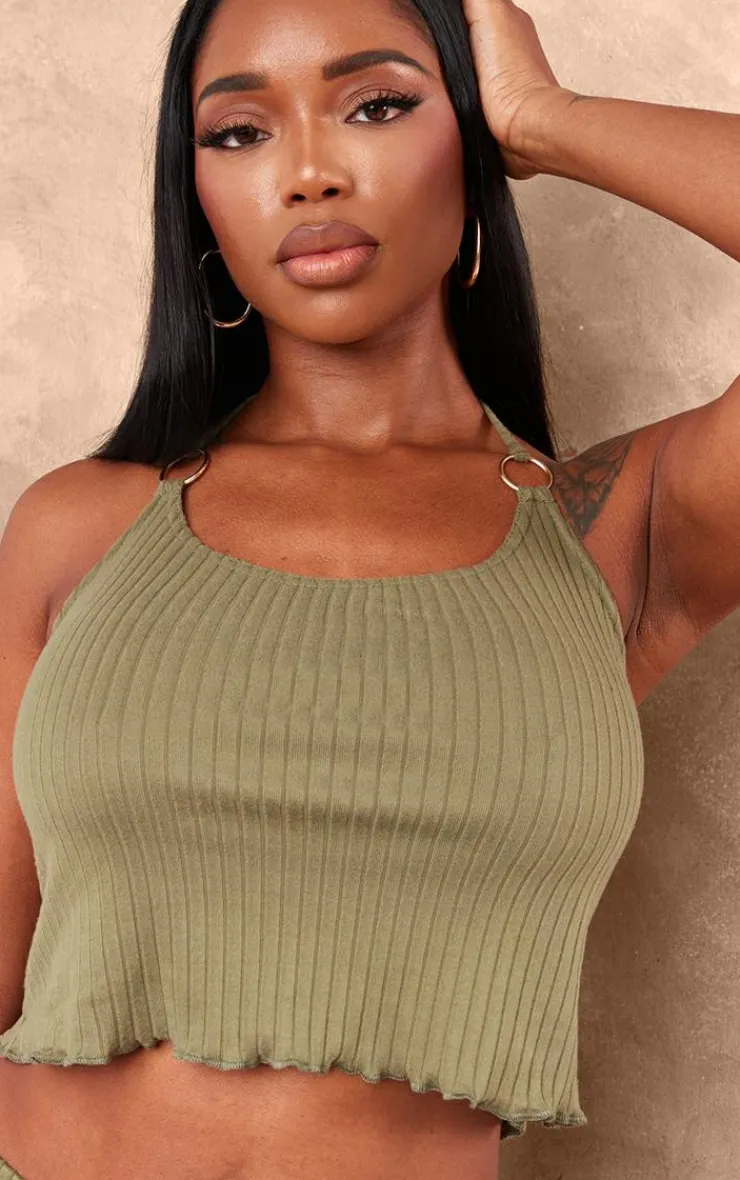 Online PrettyLittleThing Shape Rib Ring Detail Halterneck Crop Top Olive