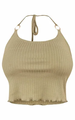 Online PrettyLittleThing Shape Rib Ring Detail Halterneck Crop Top Olive