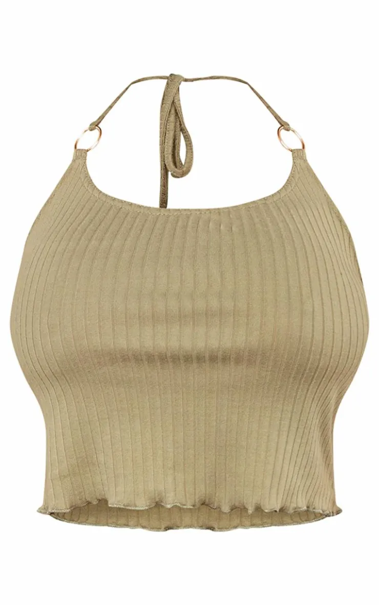 Online PrettyLittleThing Shape Rib Ring Detail Halterneck Crop Top Olive