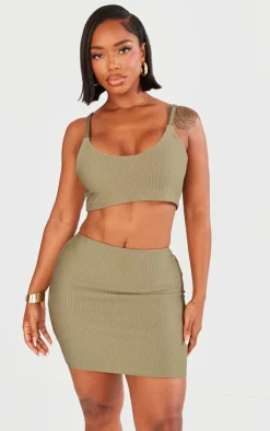 Best PrettyLittleThing Shape Ribbed Strappy Crop Top Olive