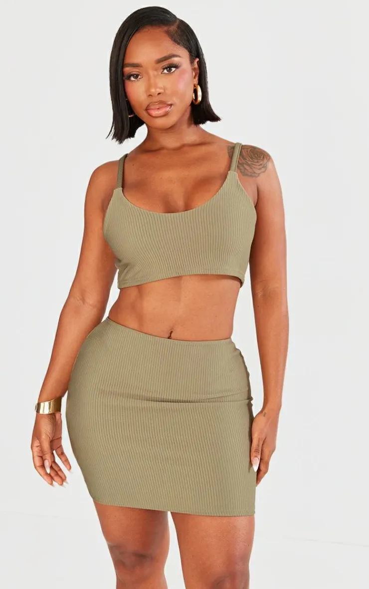 Best PrettyLittleThing Shape Ribbed Strappy Crop Top Olive