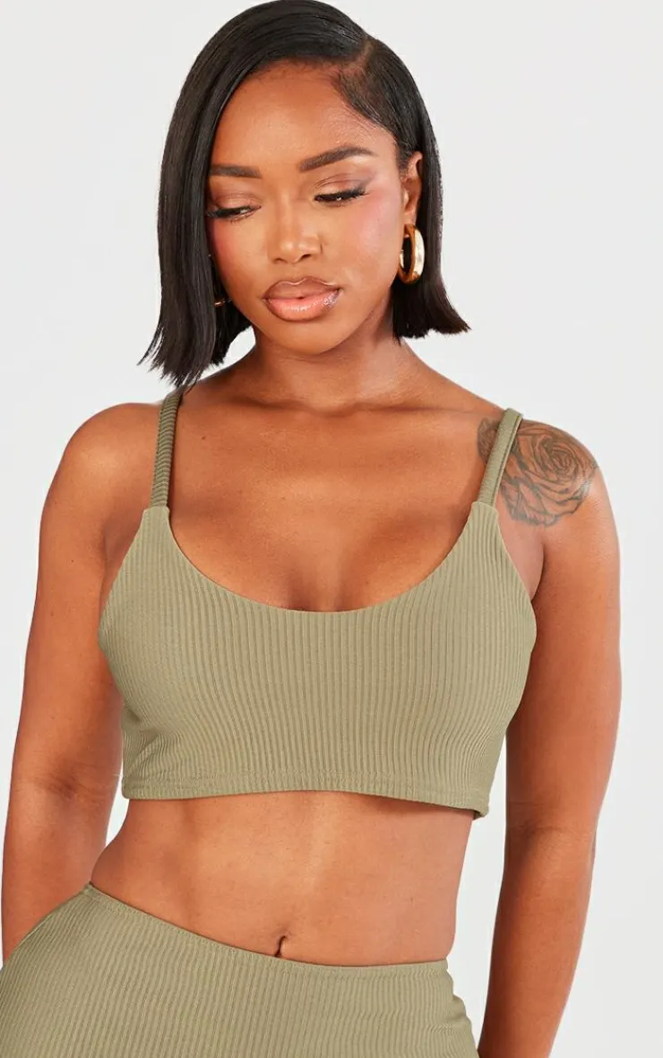 Best PrettyLittleThing Shape Ribbed Strappy Crop Top Olive