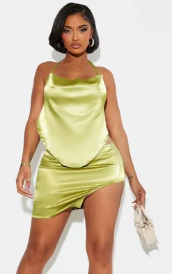 Clearance PrettyLittleThing Shape Satin Asymmetric Mini Skirt Olive