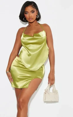 Online PrettyLittleThing Shape Satin Halterneck Cowl Neck Top Olive