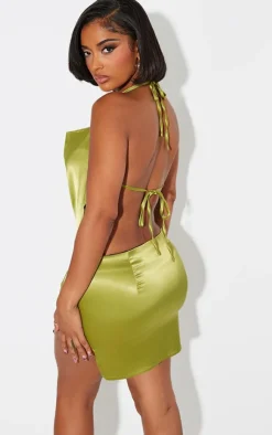 Online PrettyLittleThing Shape Satin Halterneck Cowl Neck Top Olive