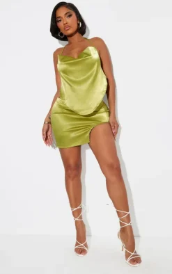Online PrettyLittleThing Shape Satin Halterneck Cowl Neck Top Olive
