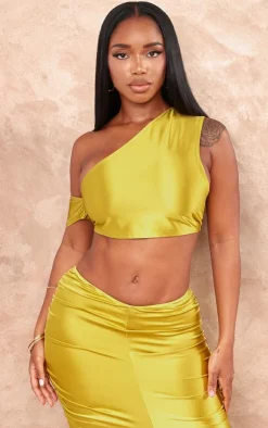 New PrettyLittleThing Shape Satin One Shoulder Crop Top Olive